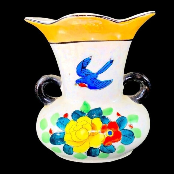 Vintage Art Pottery Vase Japan Hand Painted Luster Ware vase Bird Flowers 5”T 4W - Picture 1 of 8